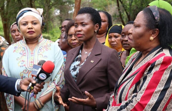 PS-Susan-Mangeni-centre-Mwanaisha-Chidzuga-left-and-Rahab-Mwikali-right-during-the-press-briefing-at-Sagana-yesterday
