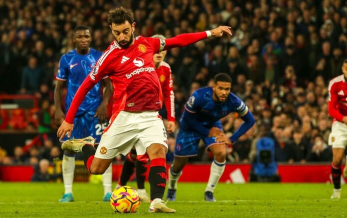 Bruno Fernandes scores a penalty against Chelsea